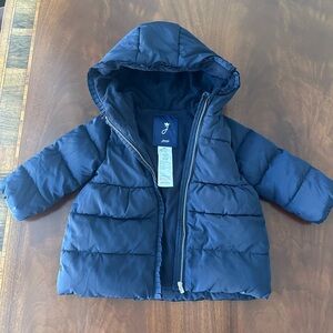 Jacadi Paris Girls Ruffle Zipper Hooded Navy Puffer Coat size 18mo